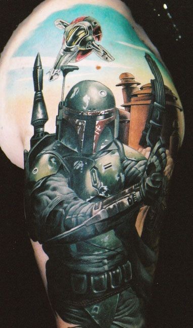 Incredible looking colored very detailed Boba Fett tattoo on shoulder