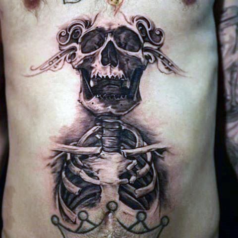 Incredible looking engraving style chest tattoo of human skeleton
