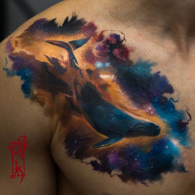 Incredible multicolored chest tattoo on big whale in space