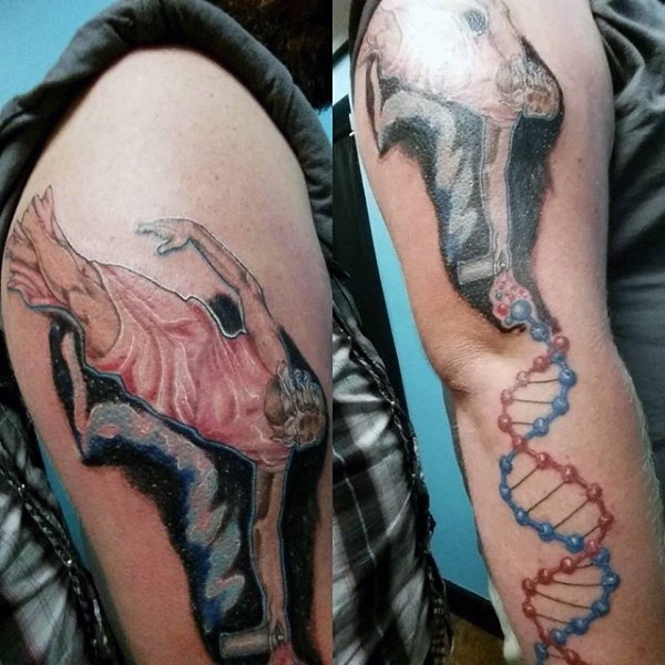 Incredible multicolored funny tattoo with DNA on sleeve