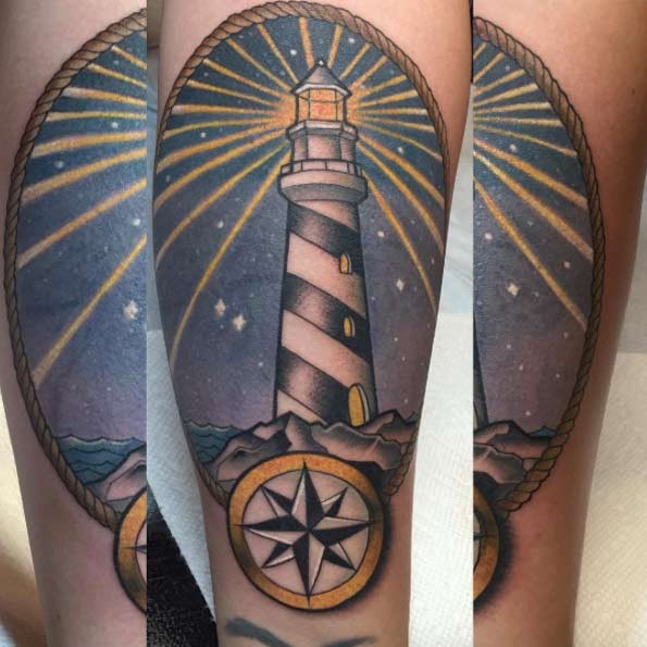 Incredible multicolored lighthouse portrait tattoo stylized with nautical star