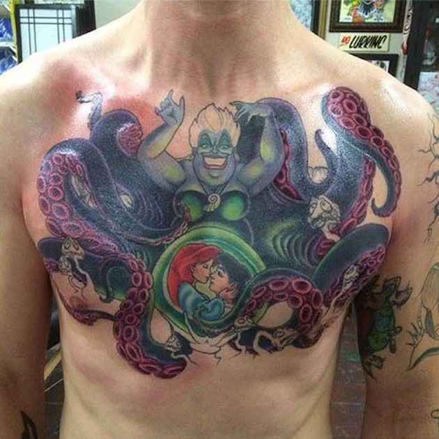 Incredible multicolored old mermaid cartoon heroes tattoo on chest