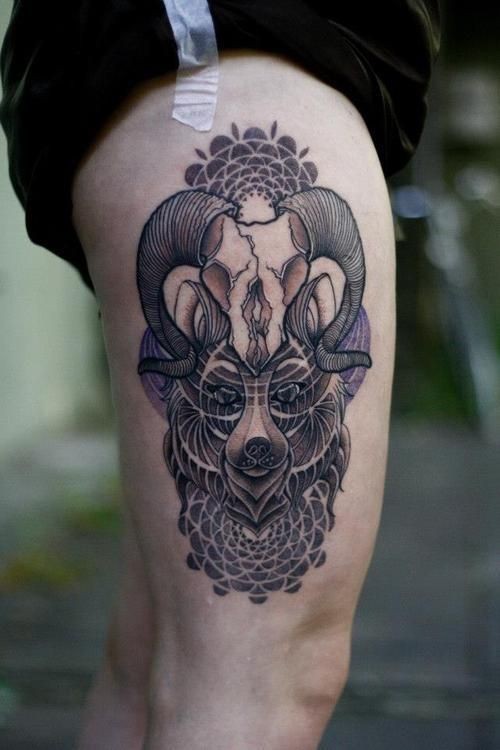 Incredible multicolored wolf face tattoo on thigh combined with animal skull and tribal ornaments