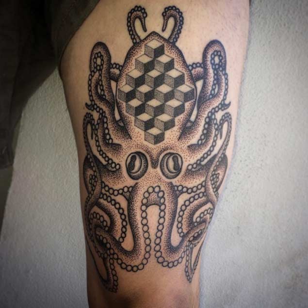 Incredible old school colored octopus tattoo on thigh stylize with geometrical figures