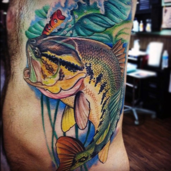 Incredible painted and detailed colorful hooked fish tattoo on side