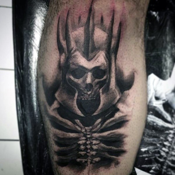 Incredible painted black ink fantasy skeleton tattoo on leg