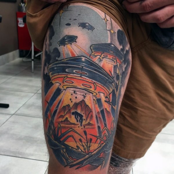 Incredible painted multicolored alien ships tattoo on thigh