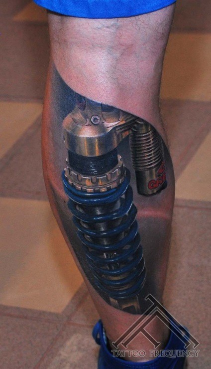 Incredible realism style colored leg tattoo of suspension
