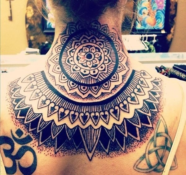 Incredible very detailed colored tribal floral tattoo on neck and upper back with mystical symbols