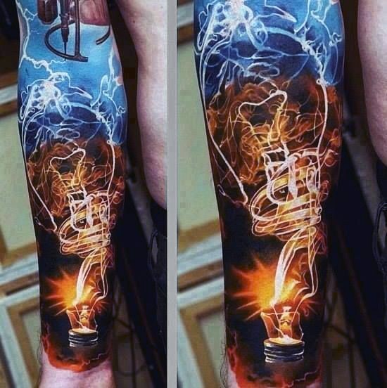 Incredible very detailed natural looking blasted bulb tattoo on forearm combined with smoke and spark