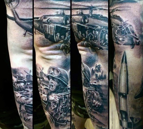 Tatuaje en el brazo, estilo militar con soldado y helicóptero