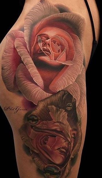 Incredibly realistic detailed giant tea rose flowers with young girl&quots portraits reflection tattoo on lady&quots thigh in futuristic style