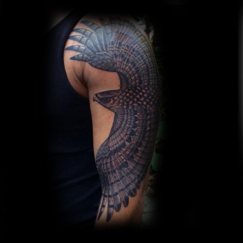 Indian style painted colored big shoulder tattoo of detailed eagle