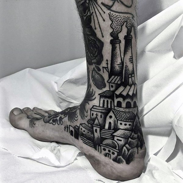 Industrial black ink old city tattoo on ankle