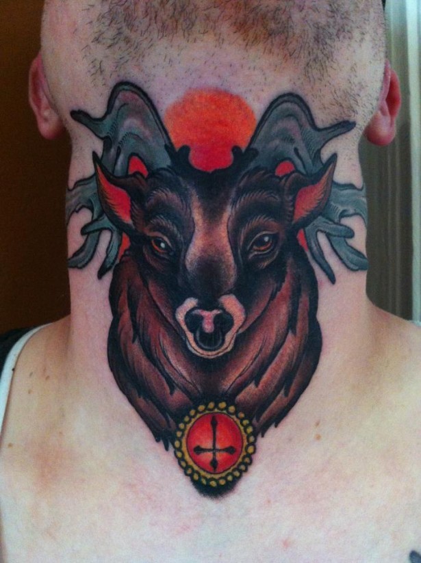 Ink deer head animal tattoo on throat
