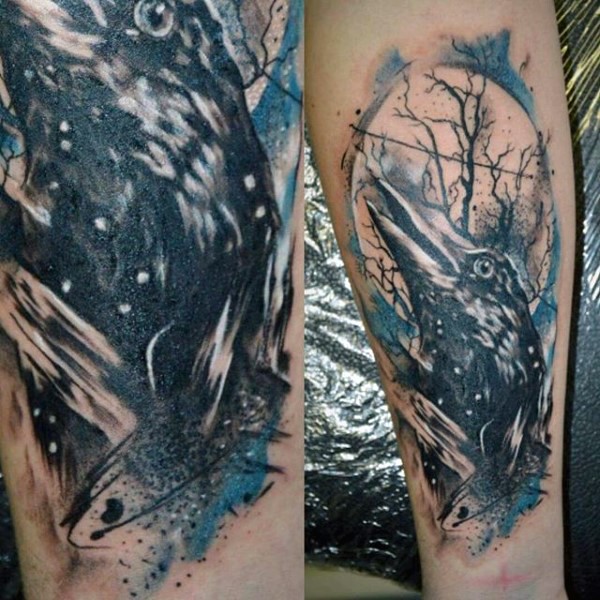 Interesting black and white night crow tattoo on arm