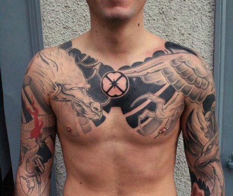 Interesting black and white phoenix with dragon tattoo on chest