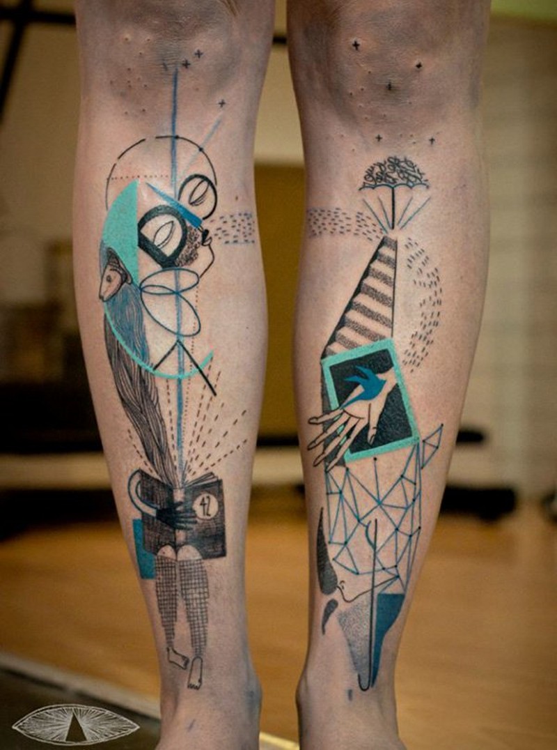 Interesting colored various figures tattoo on legs