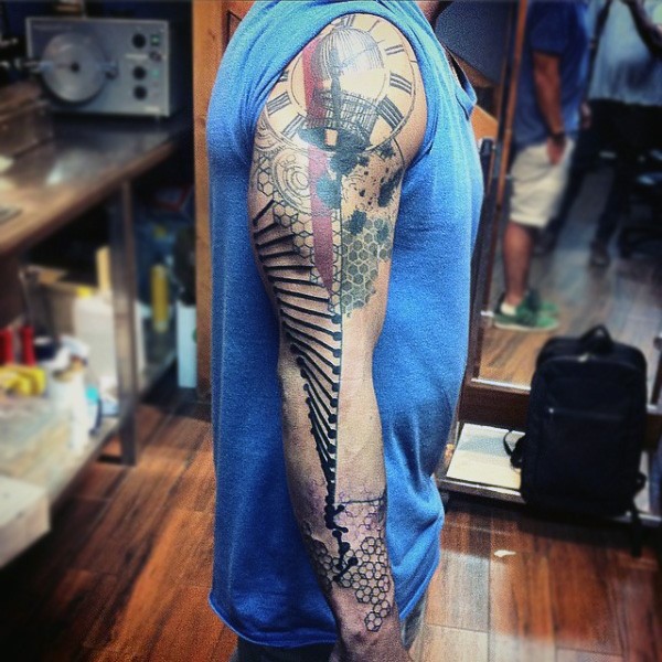 Interesting combined and colored DNA with big clock tattoo on sleeve