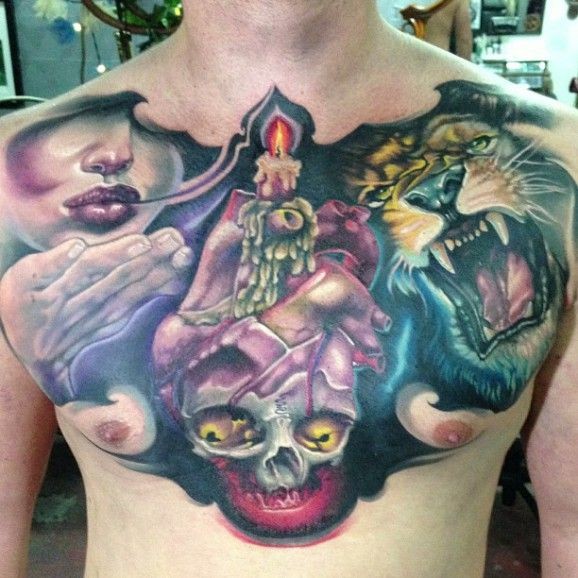 Interesting combined big multicolored roaring lion with mystical woman and skull tattoo on chest