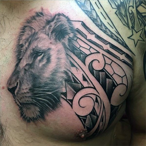 Interesting combined black ink tribal ornament with sad lion tattoo on chest