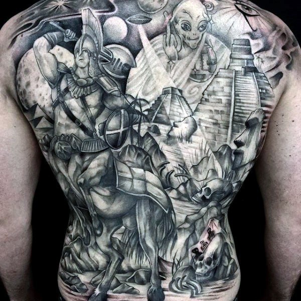Interesting combined massive funny half fantasy black ink tattoo on whole back