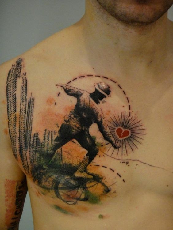 Interesting combined old soldier with heart tattoo on chest