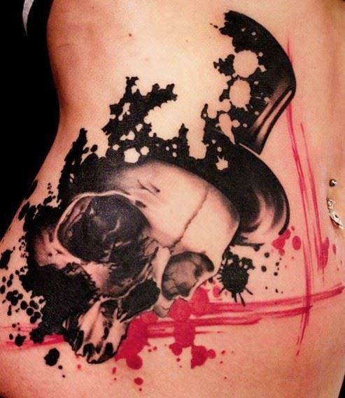 Interesting designed and colored big corrupted skull in cylinder tattoo on side