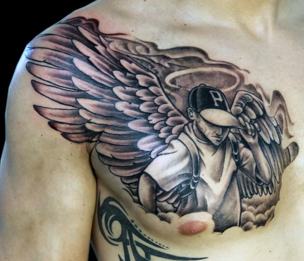 Interesting designed black and white chest tattoo of angel boy