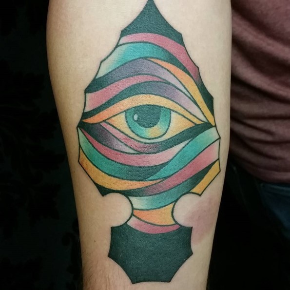 Interesting designed colorful forearm tattoo of ancient arrow head with mystic eye