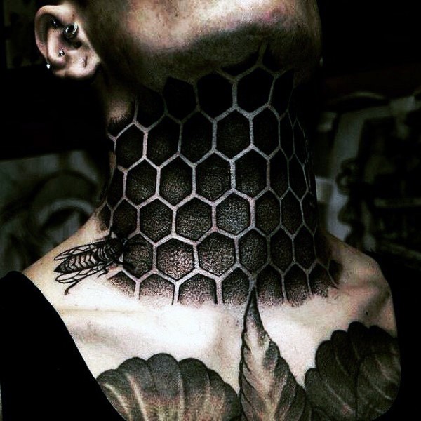 Interesting designed detailed black ink bee house tattoo on neck