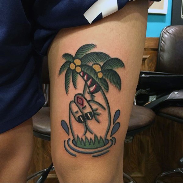 Interesting designed old school painted hand shaped island with palm trees tattoo onthigh