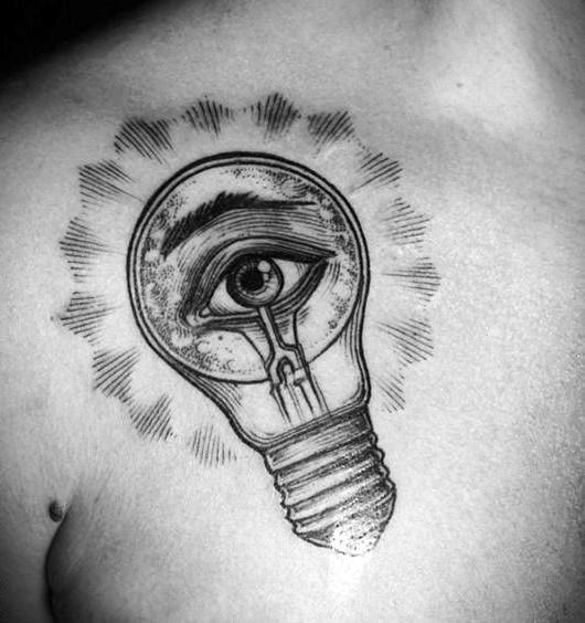 Interesting engraving style chest tattoo of bulb with human eye