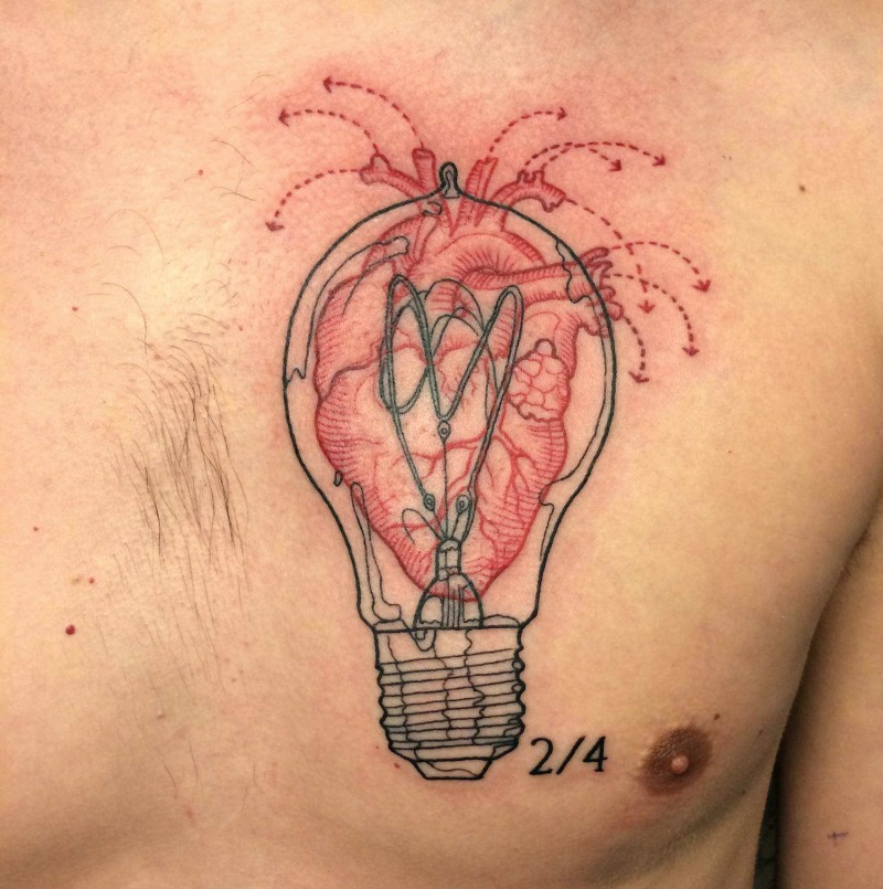 Interesting looking chest tattoo of bulb with human heart