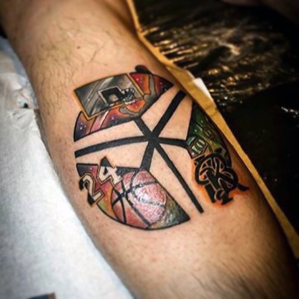 Interesting looking colored leg tattoo of basketball with emblems and net