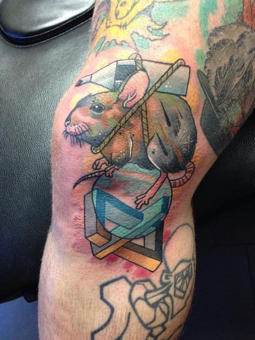 Interesting looking colored leg tattoo of funny mouse with roped bottle