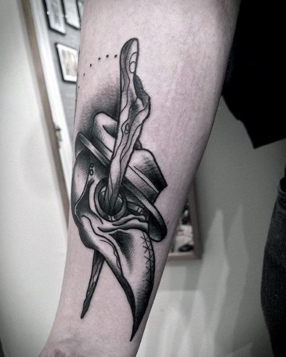 Interesting looking dot style forearm tattoo of plague doctors mask with bone