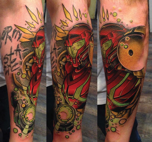 Interesting painted and colored futuristic soldier tattoo on forearm