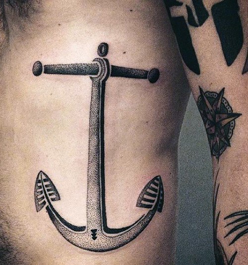 Interesting painted black and white big anchor tattoo on side