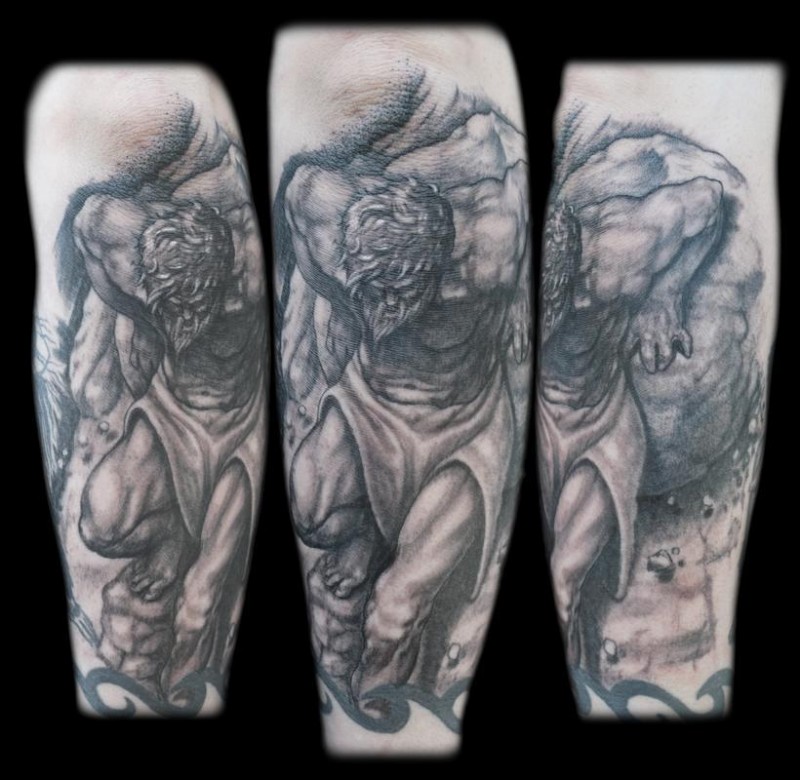 Interesting painted black ink antic man tattoo on forearm