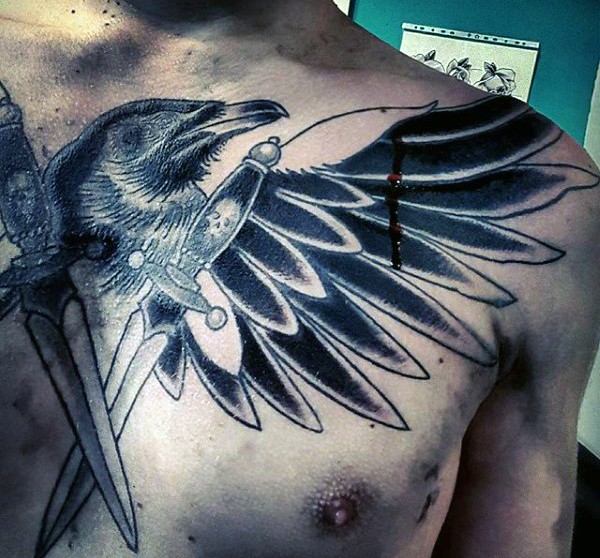 Interesting painted black ink bird with crossed daggers tattoo on chest