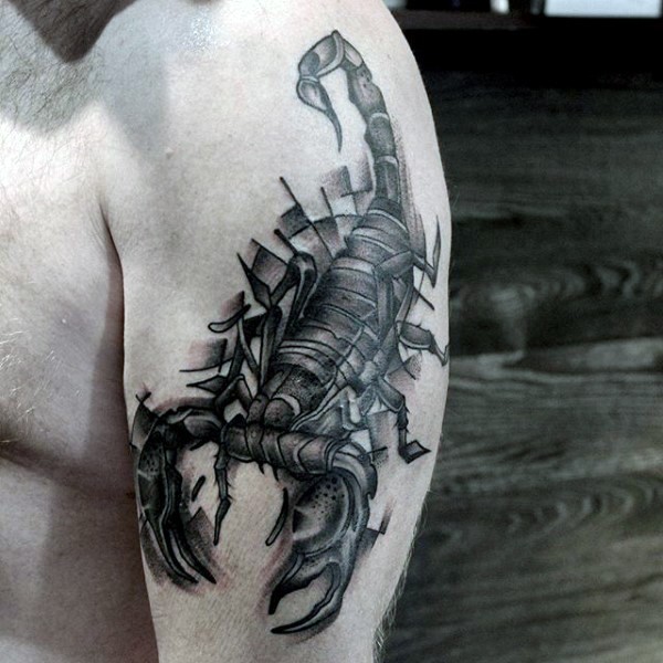 Interesting painted black ink scorpion tattoo on shoulder