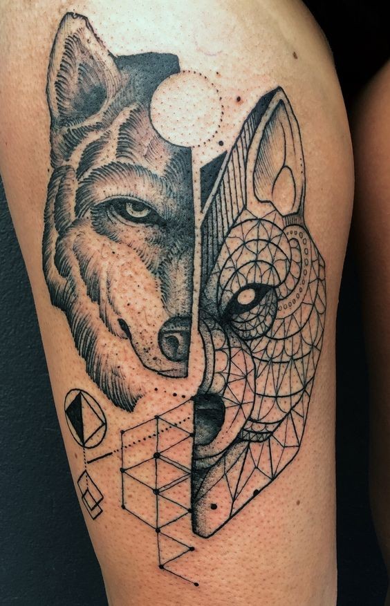 Interesting painted black ink thigh tattoo of various wolves portraits and geometrical figures