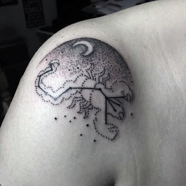 Interesting painted black ink zodiac scorpion tattoo on shoulder