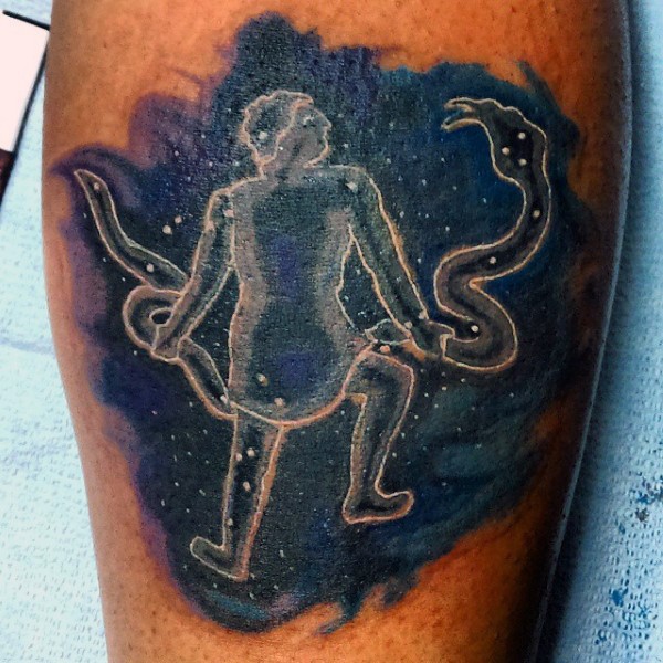 Interesting painted colored human and snake in stars tattoo on leg