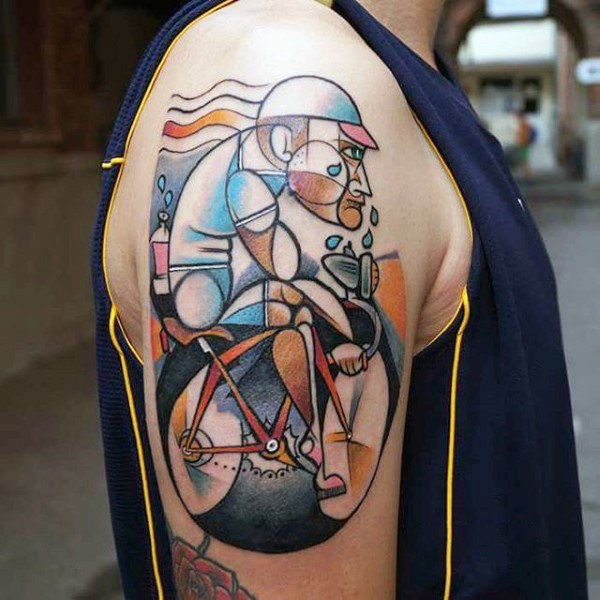 Interesting painted colored old cyclists tattoo on arm