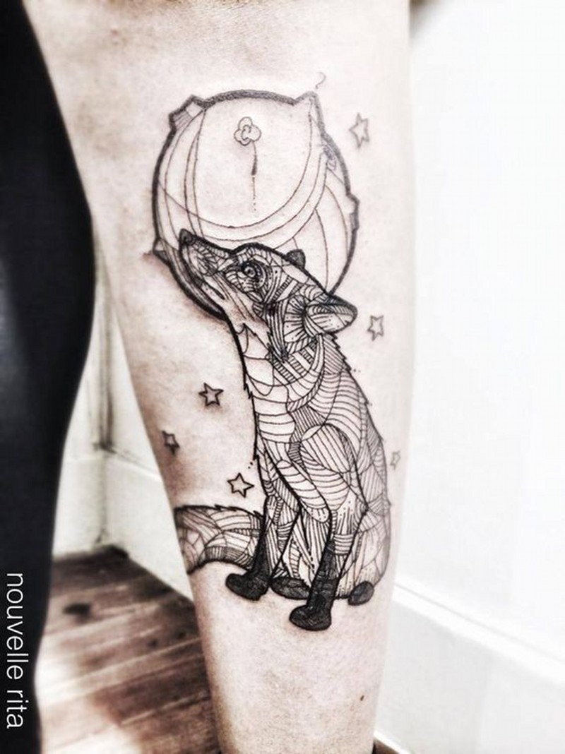 Interesting style painted black and white geometrical fox with planet tattoo on arm