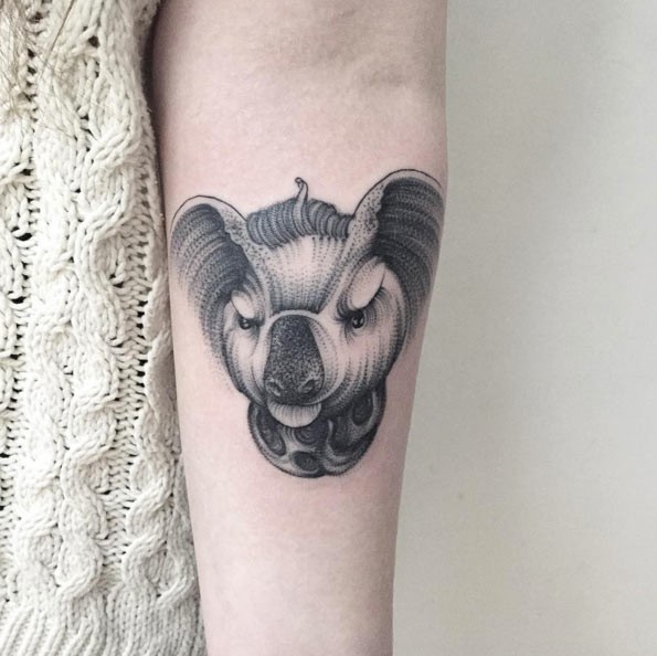 Interesting style painted little angry animal tattoo on forearm