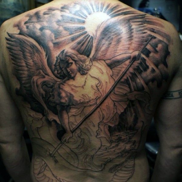 Interesting unfinished colored angel warrior tattoo on whole back with snake and sun