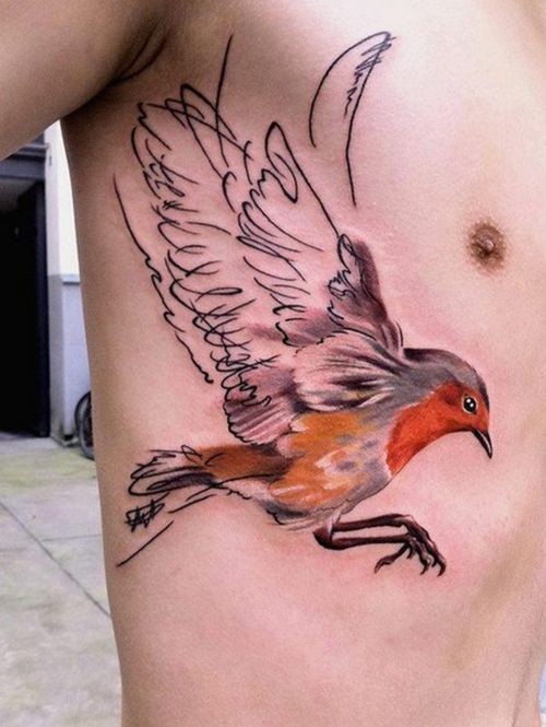 Interesting unfinished half colored bird tattoo on side